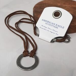 American Eagle Silver Tone Circle Pendant on Double Brown Cord Necklace